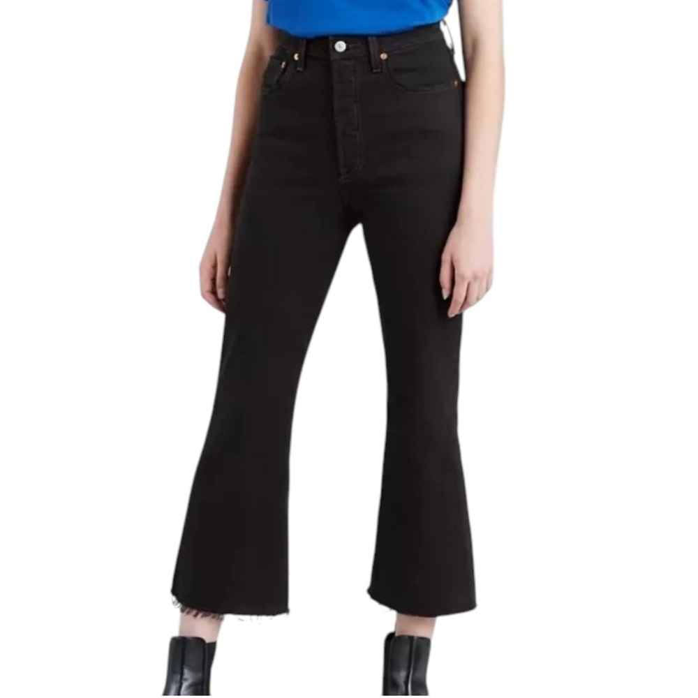Levi's Premium Ribcage Crop Flare‎ Jeans Womens 25 Black Raw Hem High Rise NEW